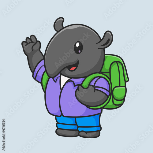 Cute Tapir With Backpack And Waving Hand Cartoon Vector 
Icon Illustration. Animal Education Icon Concept Isolated 
Premium Vector. Flat Cartoon Style