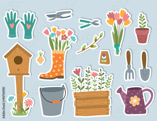 Set of cute stickers with сartoon garden equipment. Vector flat illustration on blue isolated background	