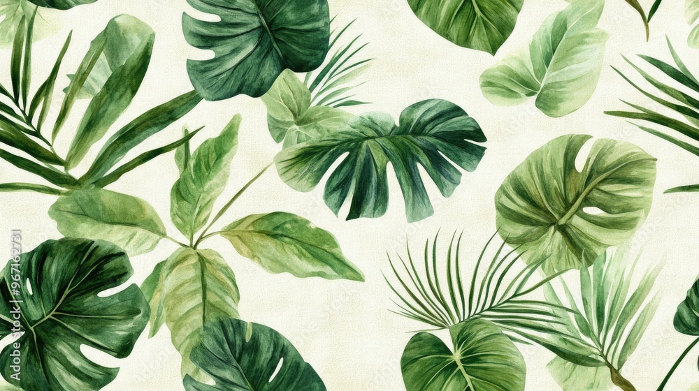 Seamless watercolor pattern featuring exotic tropical plants on a textured background including philodendron calathea palm and scindapsus leaves Suitable for wrapping paper fabric decor and scrapb Seamless watercolor pattern featuring exotic tropical plants on a textured background including philodendron calathea palm and scindapsus leaves Suitable for wrapping paper fabric decor and scrapb