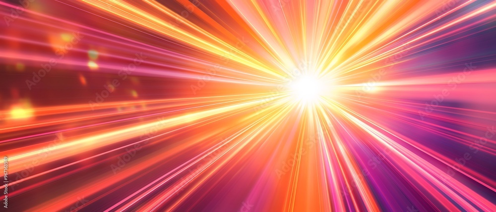 Fototapeta premium Flash rainbow abstract colorful background design. Multi-colored stripes and lines in perspective and converging into a point. Explosive light speed
