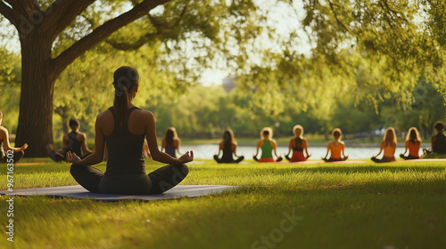 yoga on the grass, yoga at the lake, yoga on the beach, yoga in the park photo