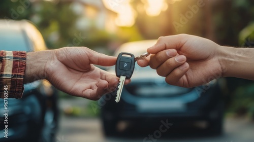 Buy second-hand auto or rent a car concept, Close-up hand of used car agent giving an auto key ai generated