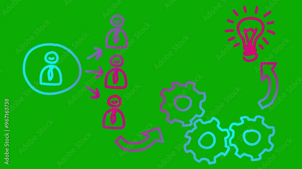 Animated pink blue hand drawn doodle of work process. Concept of teamwork, management, workflow. Info-graphics of solution to the problem. Linear light bulb is symbol of idea. Vector illustration isol Animated pink blue hand drawn doodle of work process. Concept of teamwork, management, workflow. Info-graphics of solution to the problem. Linear light bulb is symbol of idea. Vector illustration isol