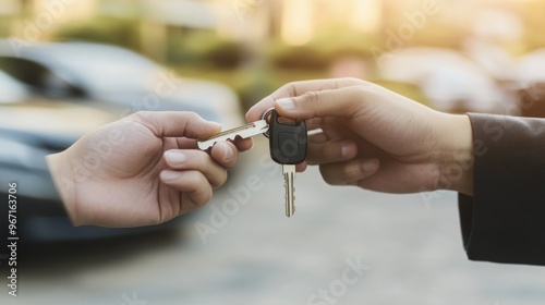 Buy second-hand auto or rent a car concept, Close-up hand of used car agent giving an auto key ai generated