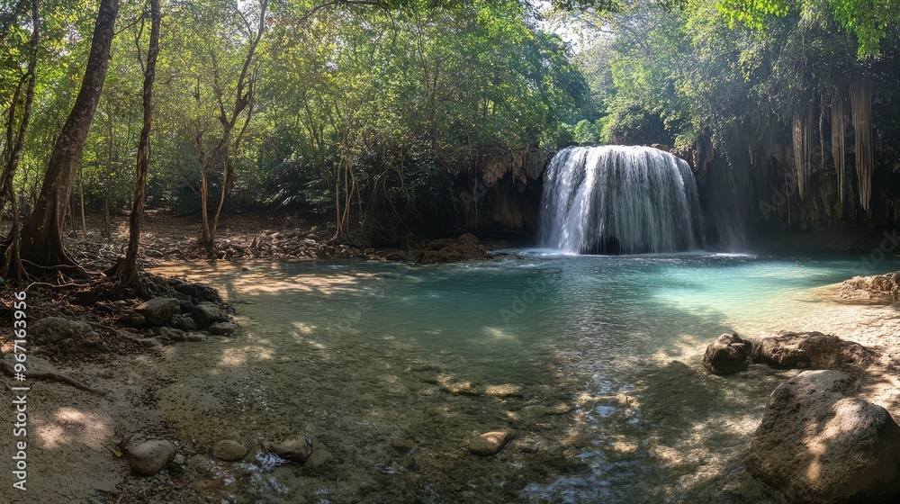 Serene natural waterfall flowing into a turquoise pool surrounded by lush green foliage in a tranquil forest setting. Serene natural waterfall flowing into a turquoise pool surrounded by lush green foliage in a tranquil forest setting.