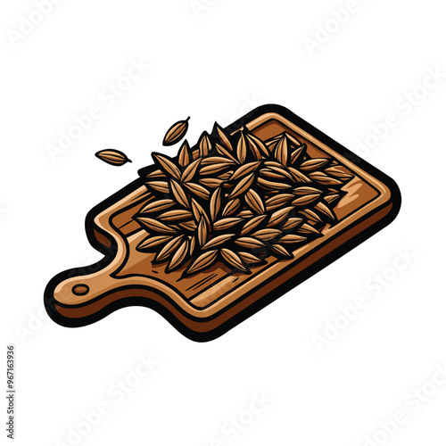 Illustration of cumin seeds on a wooden cutting board.