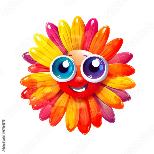 Funny colourful smiling cartoon flower with big eyes. Cute colorful flower clipart in red, yellow, orange and pink colours.