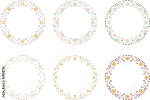 Set of folk floral motifs round frames on transparent background