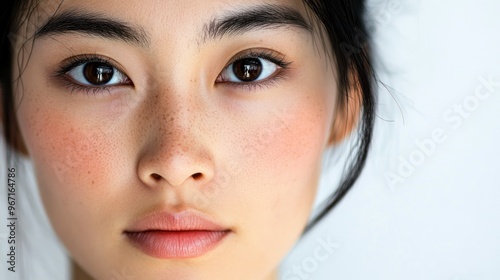 Close-up Portrait of a Young Woman with Freckles and Rosy Cheeks