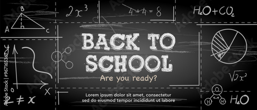 Back to school chalkboard web banner. Line hand drawing design with learning formulas, vector illustration