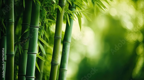 Close-up of tall, vibrant green bamboo trees swaying softly in the breeze, their thin leaves rustling gently in a tranquil forest