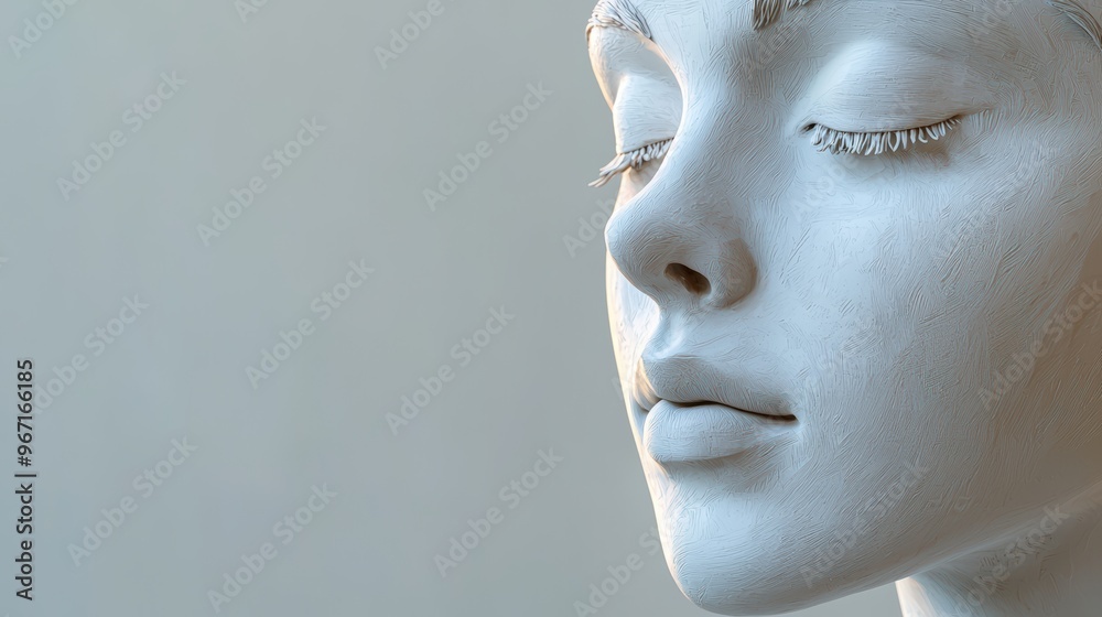 A realistic clay doll figure with ceramic finish, showcasing serene facial features and closed eyes, evokes sense of calm and artistry. A realistic clay doll figure with ceramic finish, showcasing serene facial features and closed eyes, evokes sense of calm and artistry.