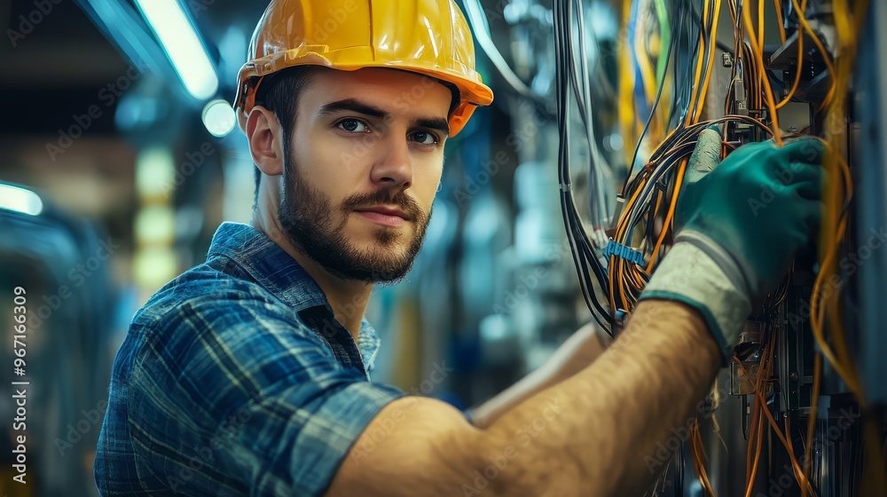 Young electrician wearing a hard hat and gloves, working with complex wiring in an industrial setting. Focused professional in action. Young electrician wearing a hard hat and gloves, working with complex wiring in an industrial setting. Focused professional in action.