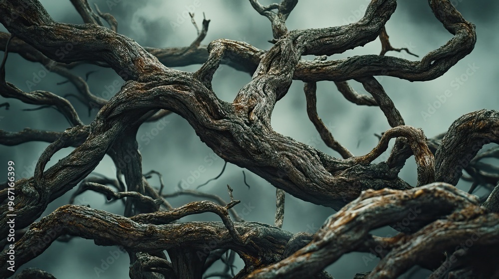 Close-up of twisted bare branches under a dark gray sky, capturing the raw and untamed beauty of nature Close-up of twisted bare branches under a dark gray sky, capturing the raw and untamed beauty of nature