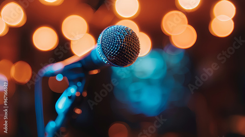 Microphone on stage. Concert microphone on a blur bokeh background 