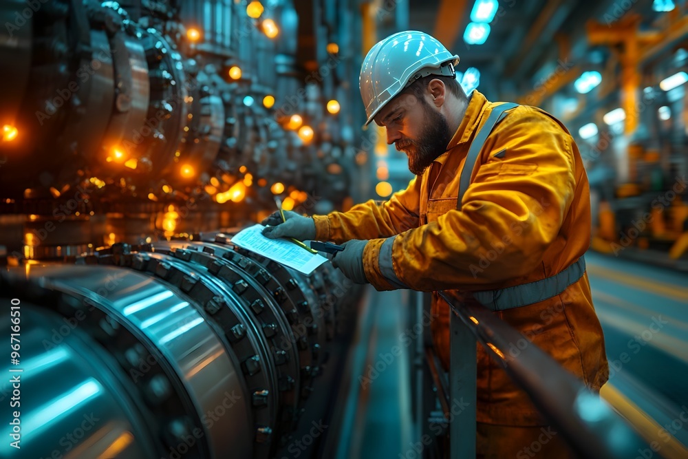 Engineer operator repairs and inspect pipeline equipment in plant industry with technician.
