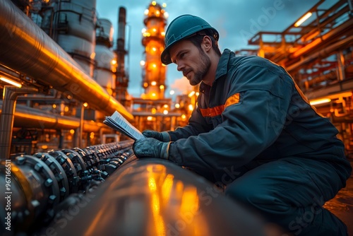 Engineer operator repairs and inspect pipeline equipment in plant industry with technician.
