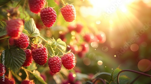 A bunch of red raspberries hanging from a tree