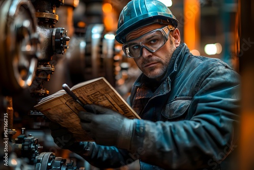 Engineer operator repairs and inspect pipeline equipment in plant industry with technician.
