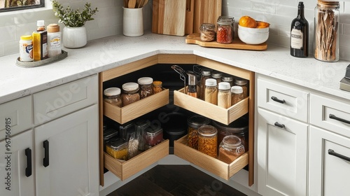 Kitchen access mechanism Magic corner for Blind Corner Cabinets. Solution for a kitchen corner storage in cupboard. Corner unit with pull out shelves for cookware. photo