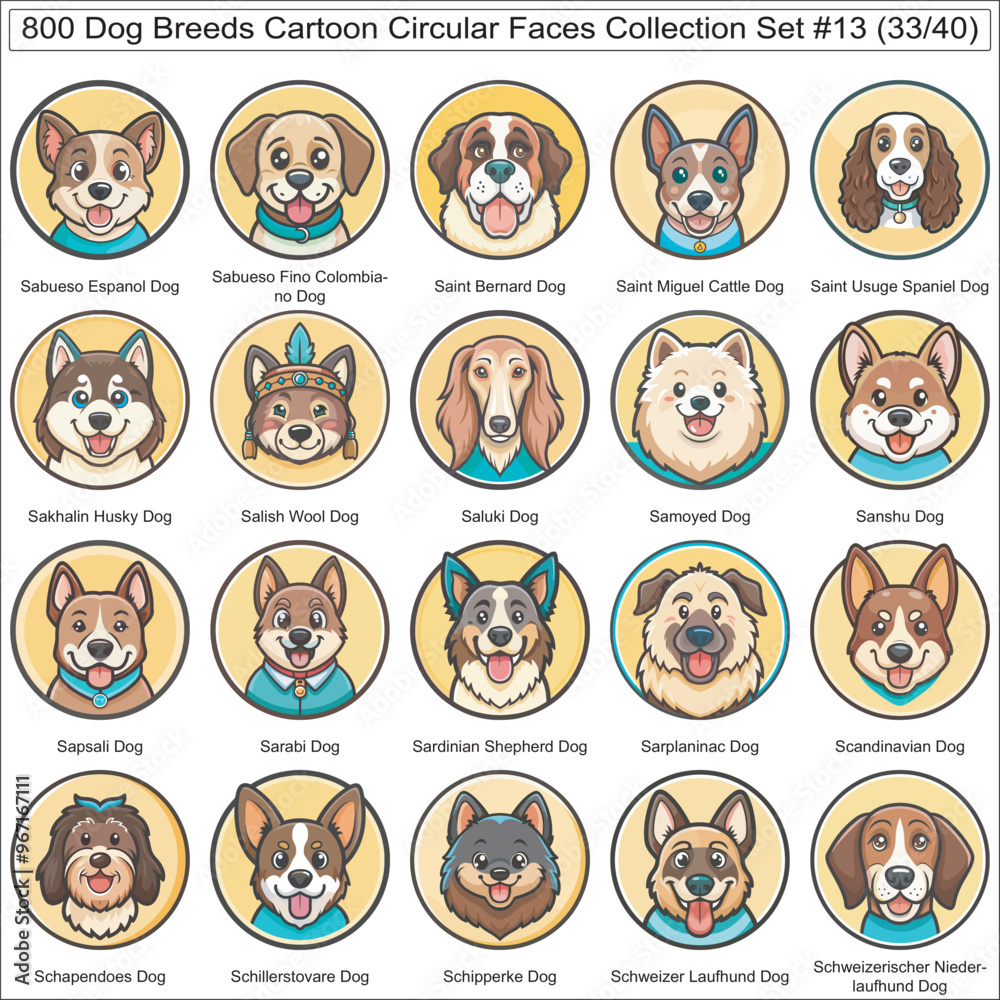 Dog Breeds Cartoon Circular Dog Faces Collection Set of 800 Dog Faces ...