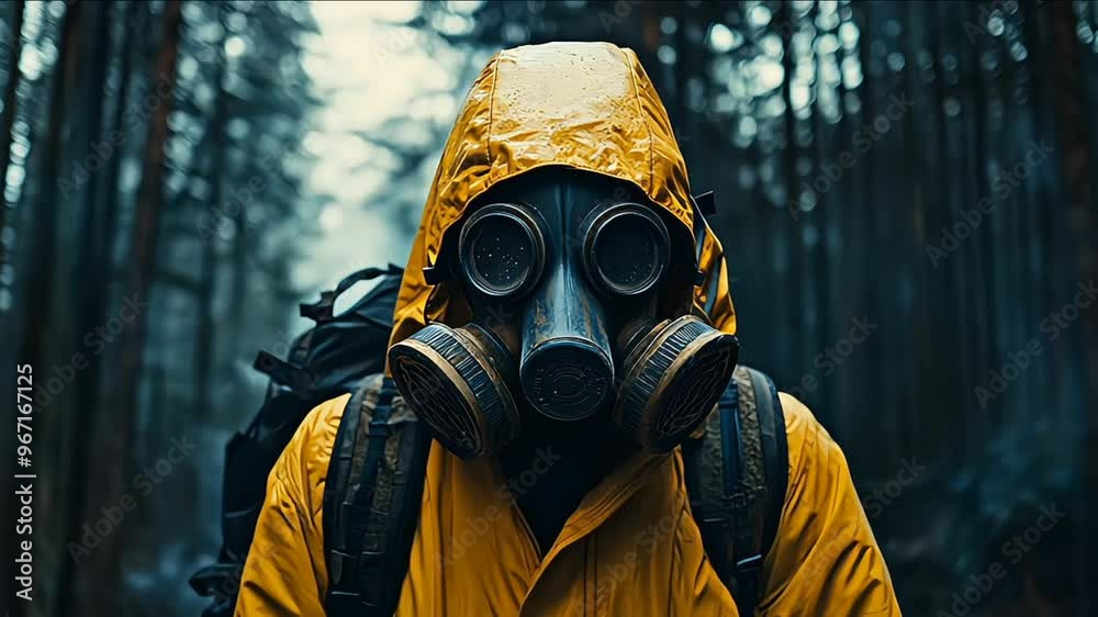 A person wearing a gas mask and a yellow raincoat stands in a dark, overgrown forest A person wearing a gas mask and a yellow raincoat stands in a dark, overgrown forest