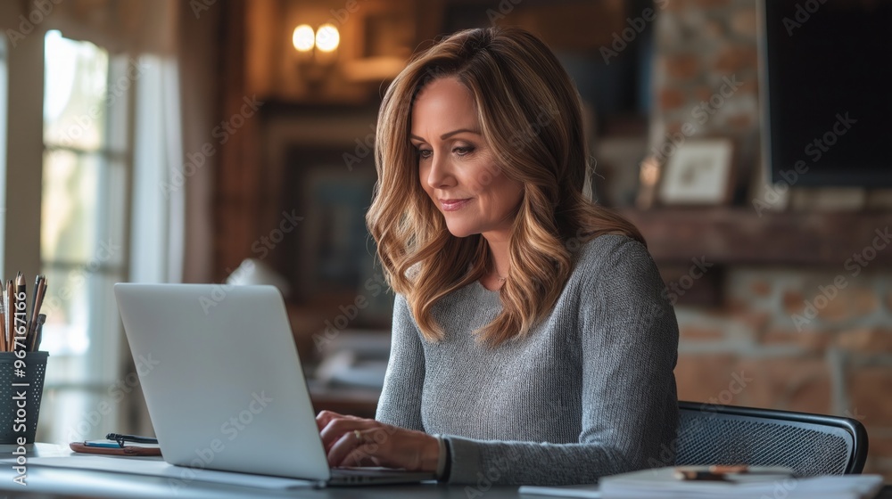 Middle aged woman sitting at table and working on laptop. Work from home, freelancer, flexible schedule