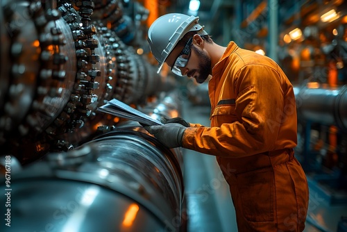 Engineer operator repairs and inspect pipeline equipment in plant industry with technician.
