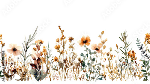 Watercolor seamless floral border with autumn wildflowers