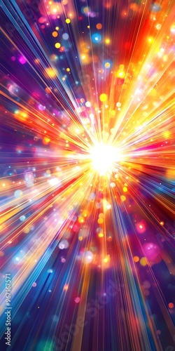 A vibrant, colorful light explosion with beams radiating outwards on all sides, creating an abstract