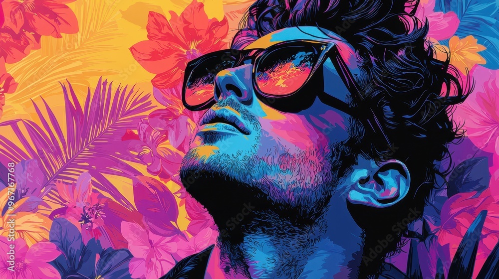 Naklejka premium Retro Pop Art Stylish Man in Side Profile Against Lush Floral Backdrop