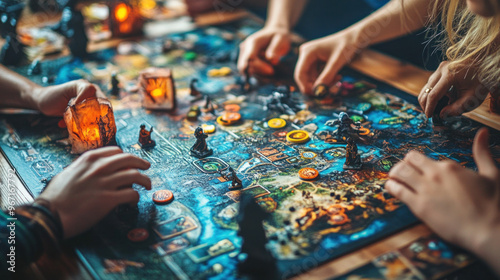 A group of people are playing a board game with a blue background. The game board is filled with various pieces and tokens, and the players are actively engaged in the game. Scene is lively and fun