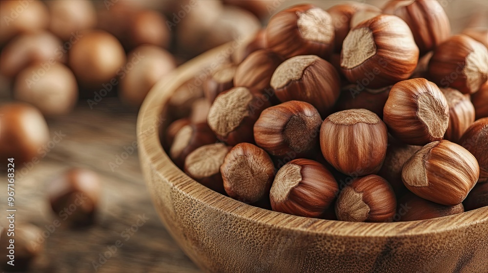 Closeup of raw hazelnuts in a wooden bowl, emphasizing their importance in healthy nutrition and as a natural, nutritious snack Closeup of raw hazelnuts in a wooden bowl, emphasizing their importance in healthy nutrition and as a natural, nutritious snack
