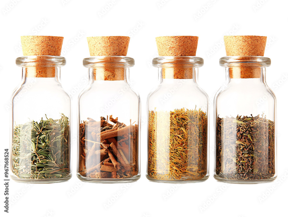 a row of glass bottles with corks filled with herbs a row of glass bottles with corks filled with herbs