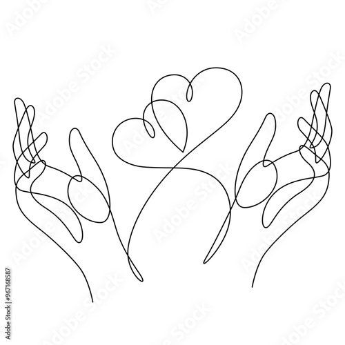 caring two hands and two heart shape continuous line drawing