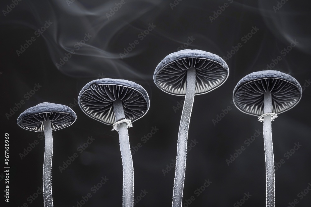 image of four mysterious mushrooms with dark background and mist