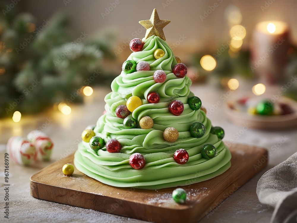 Christmas tree-shaped cake with green frosting layers, candy ornaments, and a star topper, placed on a wooden board Christmas tree-shaped cake with green frosting layers, candy ornaments, and a star topper, placed on a wooden board