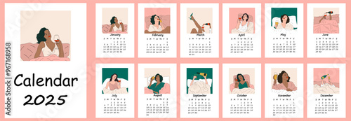 2025 calendar with abstract illustrations woman drinks a glass of wine in bed . Calendar planner minimal style, annual organizer. Vector illustration