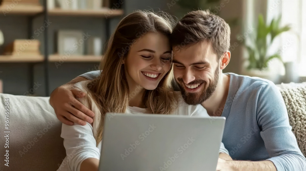 Young couple enjoying time together while using a laptop at home in a cozy living room on a sunny day Young couple enjoying time together while using a laptop at home in a cozy living room on a sunny day
