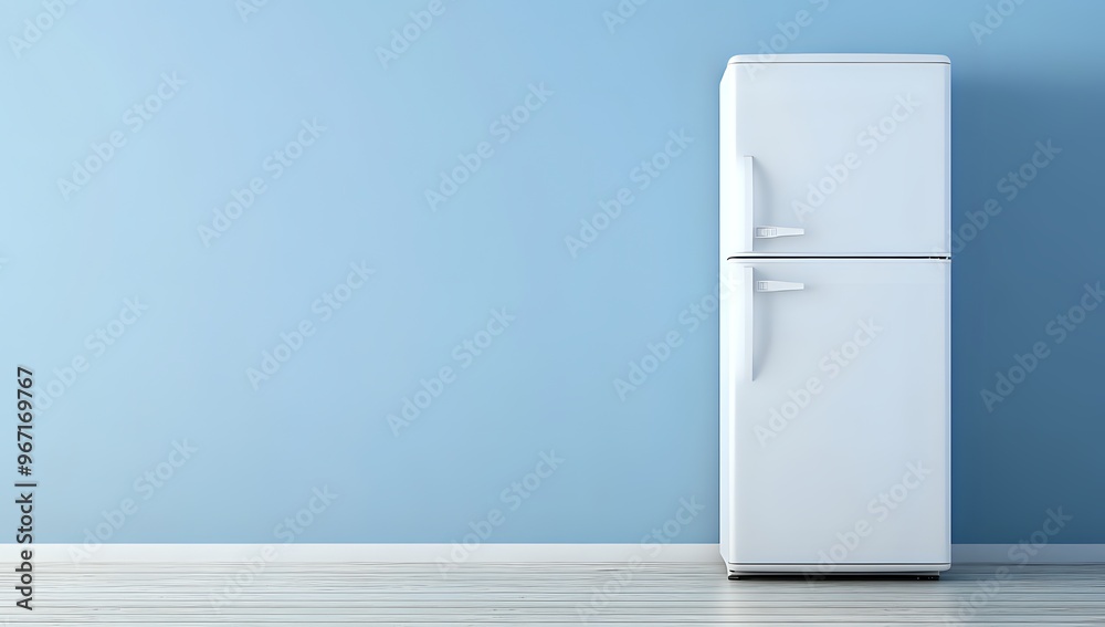 White fridge in blue room with wooden floor. White fridge in blue room with wooden floor.