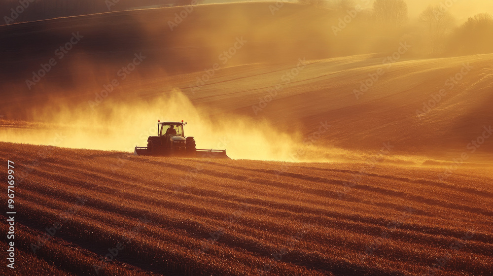 A tractor plowing a field on a sunny day