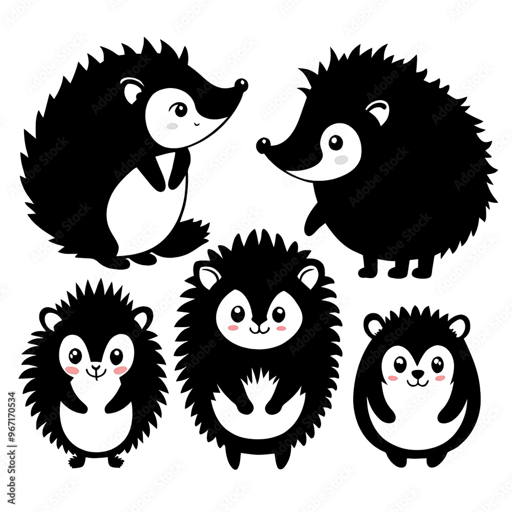 Fototapeta premium A collection of adorable hedgehogs striking different playful poses each displaying their unique characteristics in a charming black art style