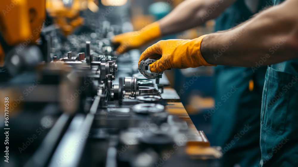 Close-up of assembly line workers carefully assembling mechanical parts Close-up of assembly line workers carefully assembling mechanical parts