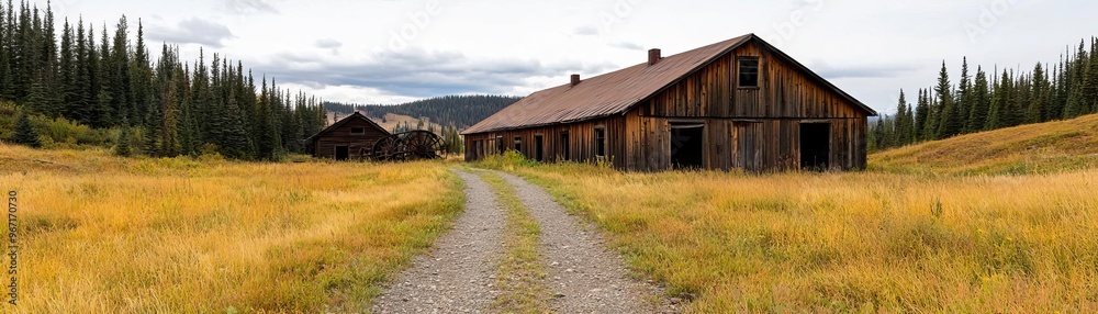 Abandoned Mining Towns, rustic buildings, decaying machinery, overgrown paths, historical atmosphere, warm earthy tones, storytelling elements Abandoned Mining Towns, rustic buildings, decaying machinery, overgrown paths, historical atmosphere, warm earthy tones, storytelling elements