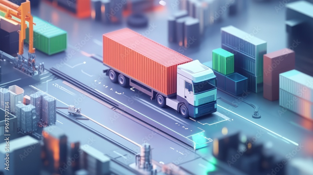 Semi-truck transporting a shipping container in a futuristic city Semi-truck transporting a shipping container in a futuristic city