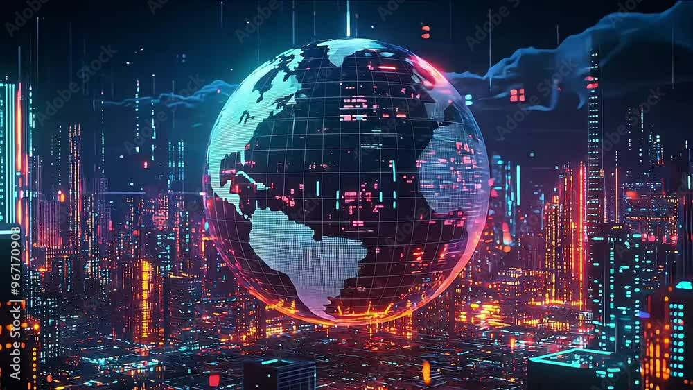 Metaverse digital world cyber space background, neon colorful global world in cyber space, future energy power technology and internet connection concept
