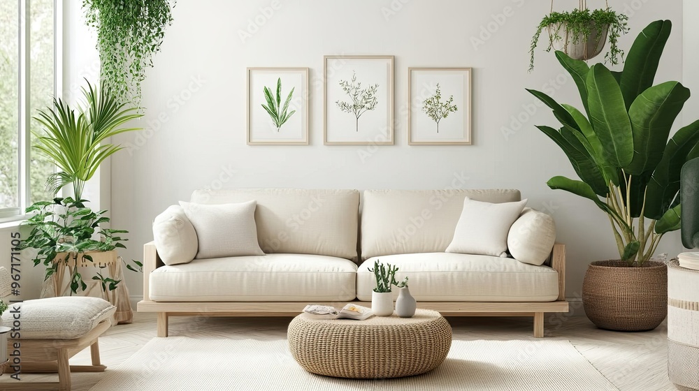 Naklejka premium Cozy beige sofa in a bright Scandinavian-style living room, surrounded by indoor plants, light wood furniture, and soft textiles