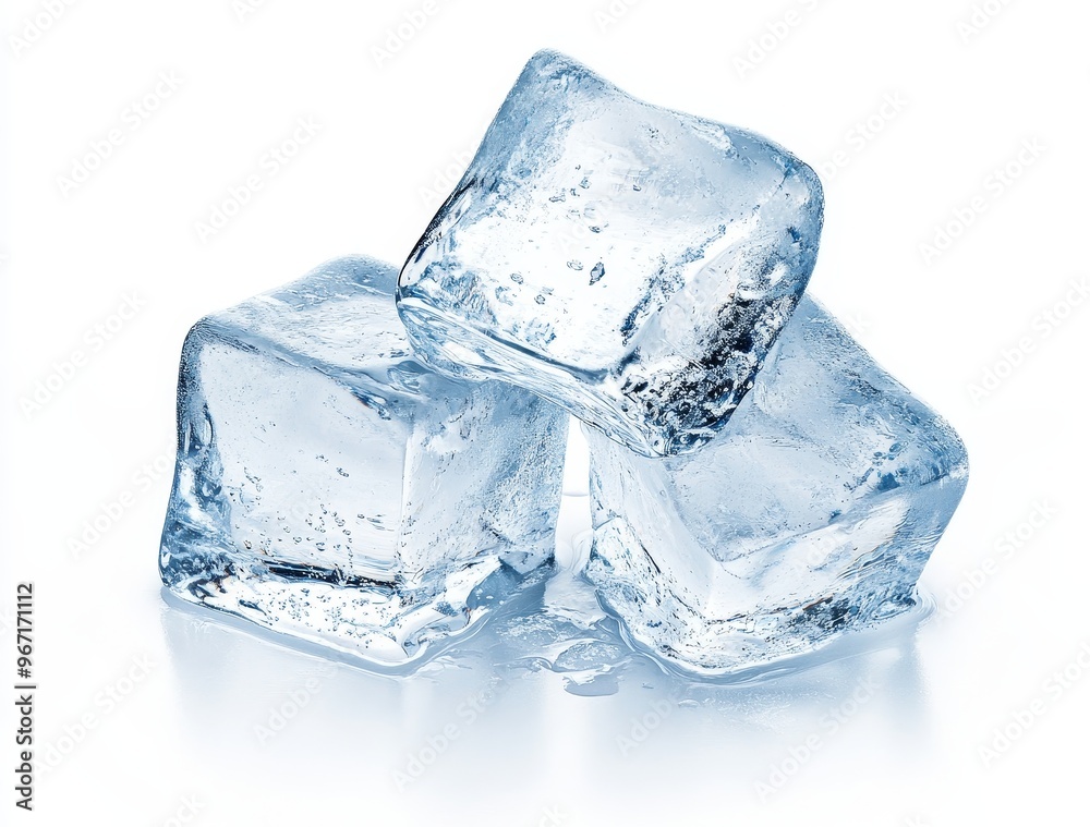 Three clear ice cubes on a white background. Three clear ice cubes on a white background.