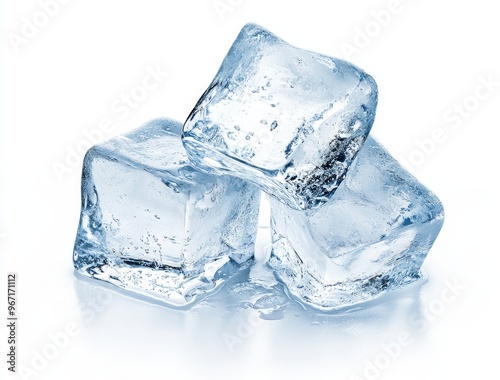 Three clear ice cubes on a white background.