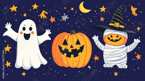 A cheerful ghost and a playful mummy stand beside a grinning pumpkin surrounded by stars and other festive elements for Halloween